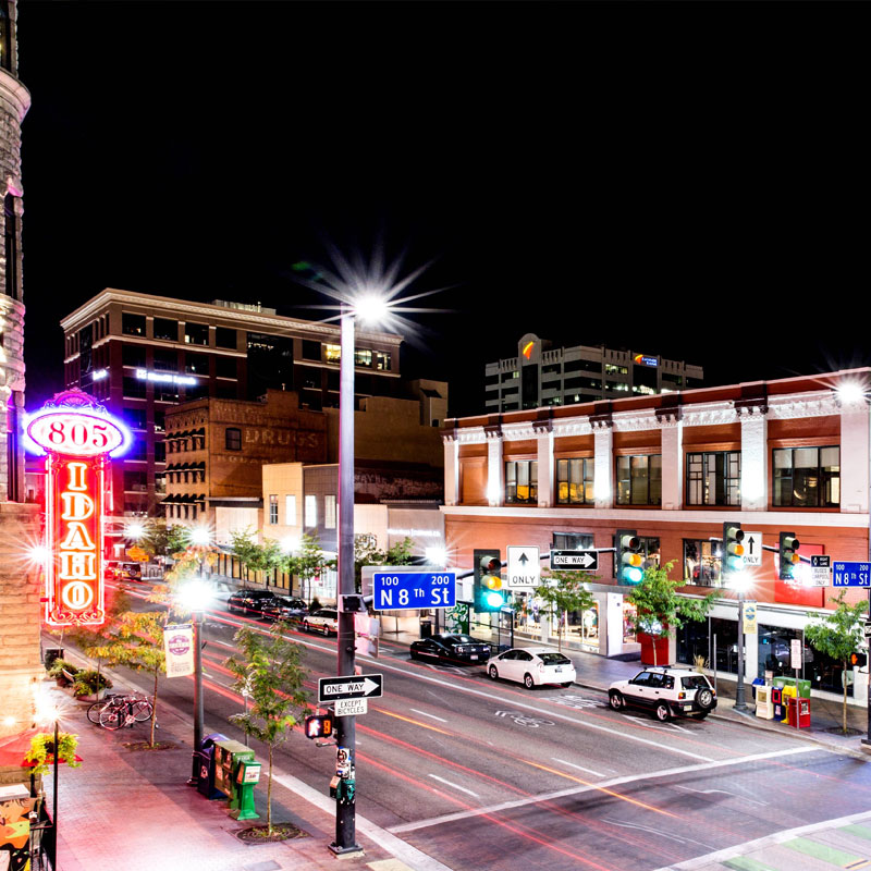 View of Downtown Boise with local shops, restaurants, and live street performances.